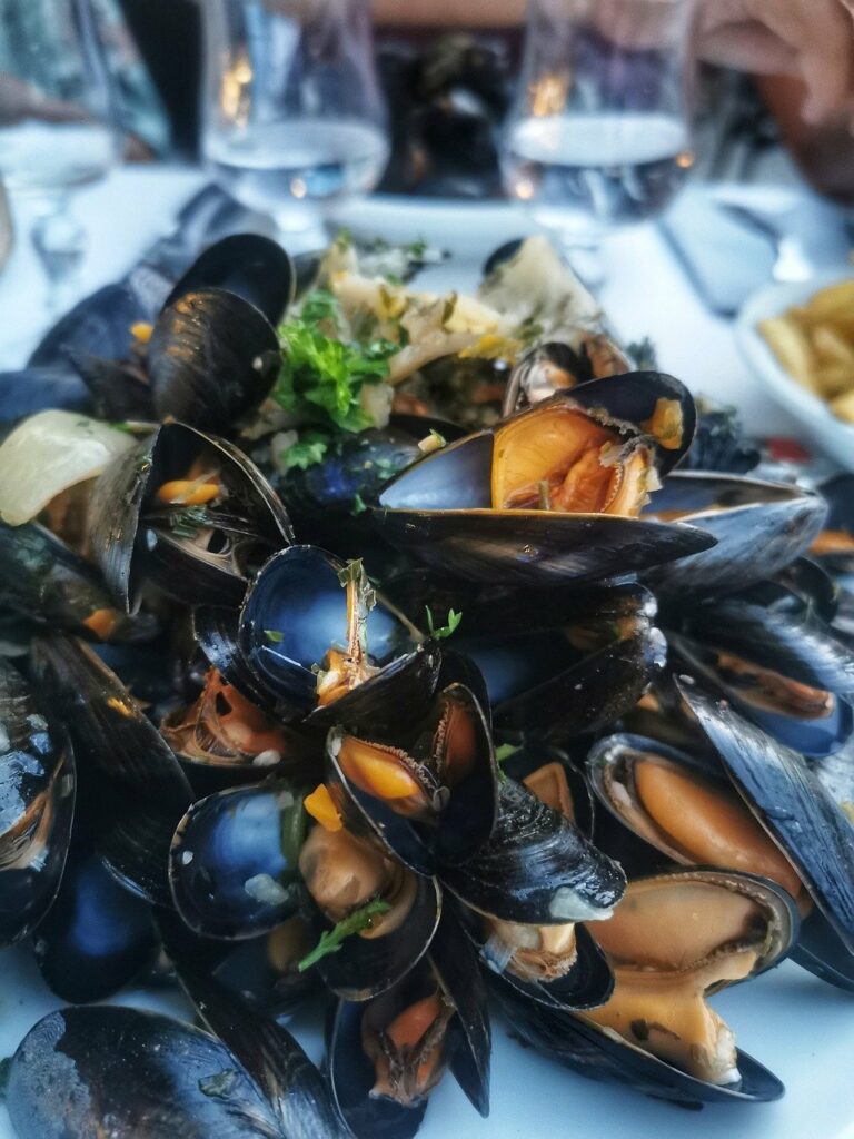 a plate of mussels and french fries
